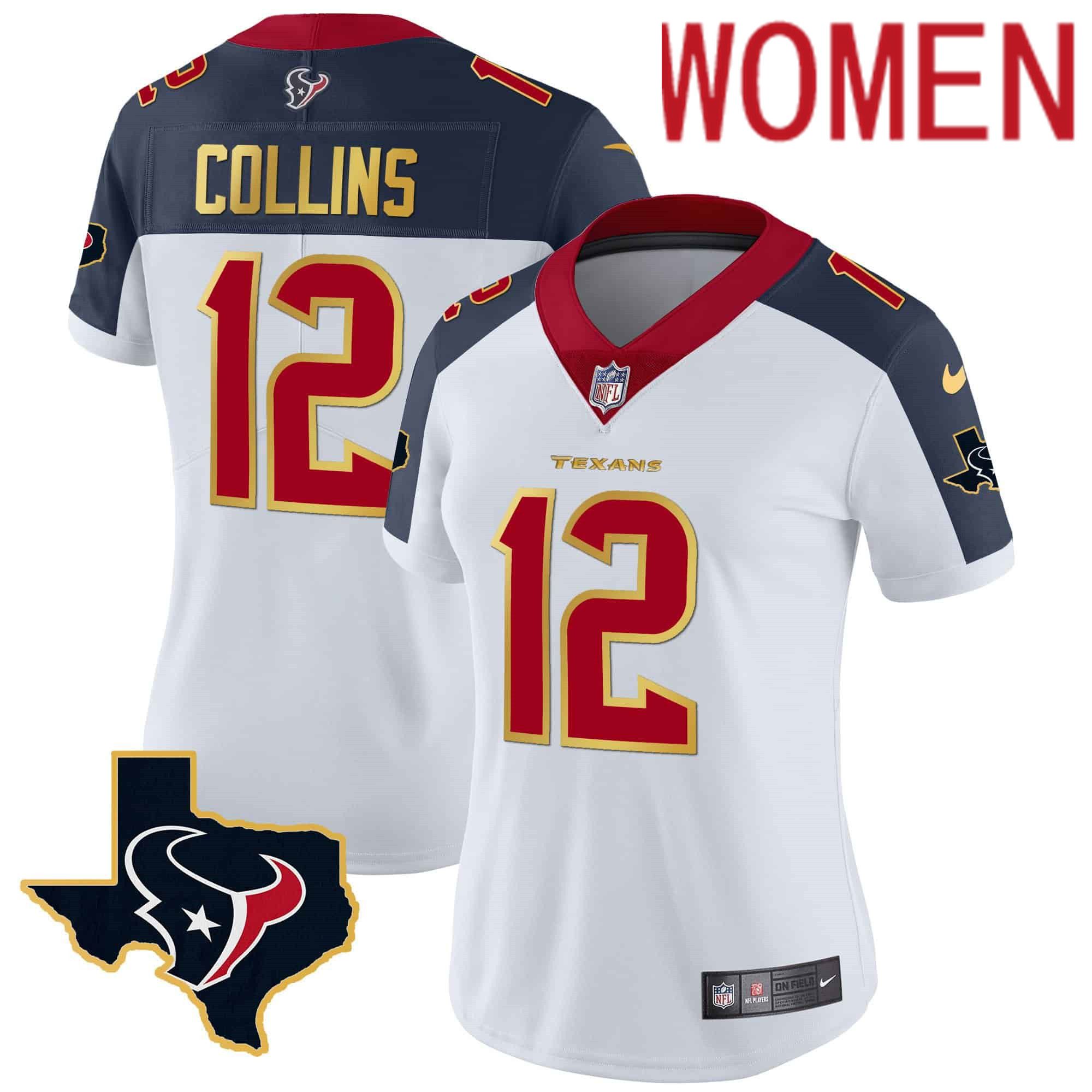 Women Houston Texans 12 Collins White Gold 2024 Nike Trim Vapor NFL Jersey style 2